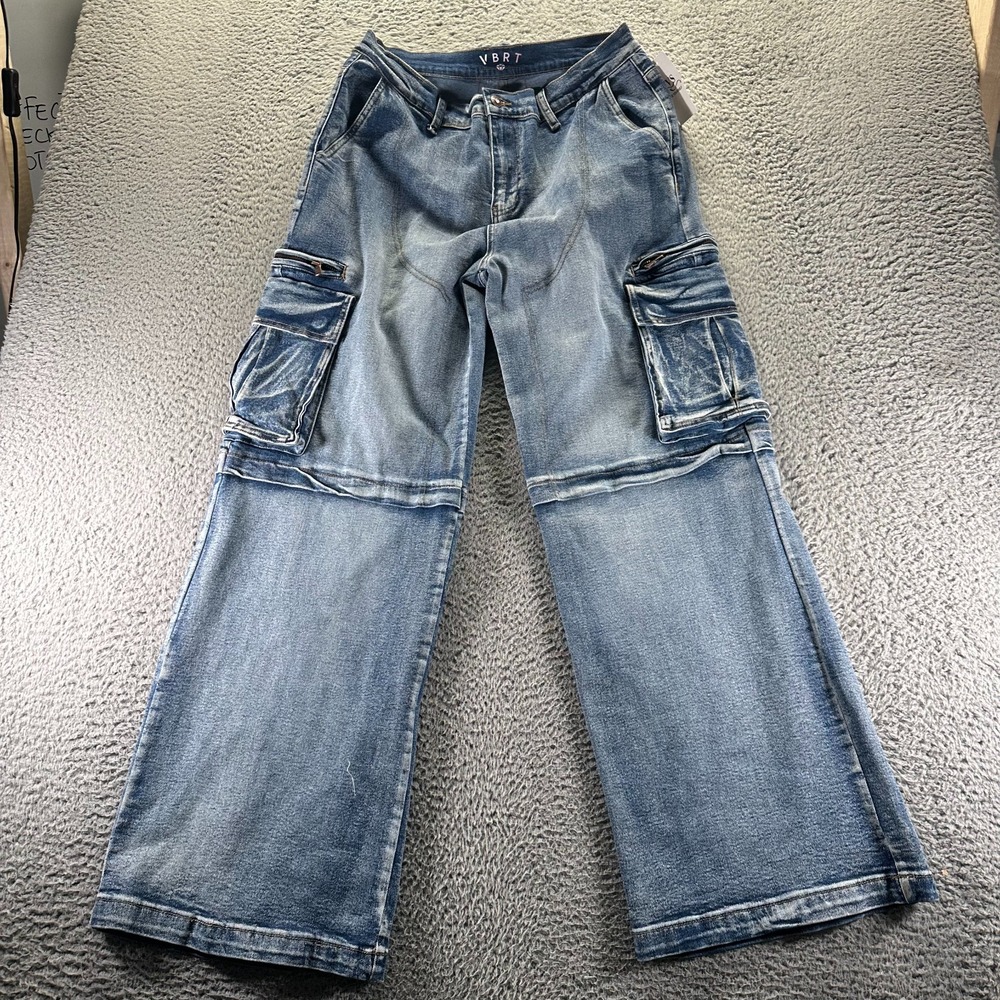 VBRT Jeans Women 15 Blue Cotton Denim WideLeg Baggy Workwear Faded Cargo Stretch